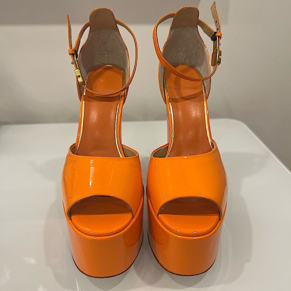 Orange platform heel peep toe sandals